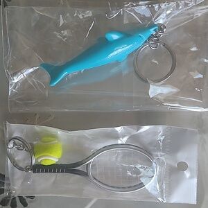 NEW-Miniature tennis racket with the Ball and blue rubber shark key chains.